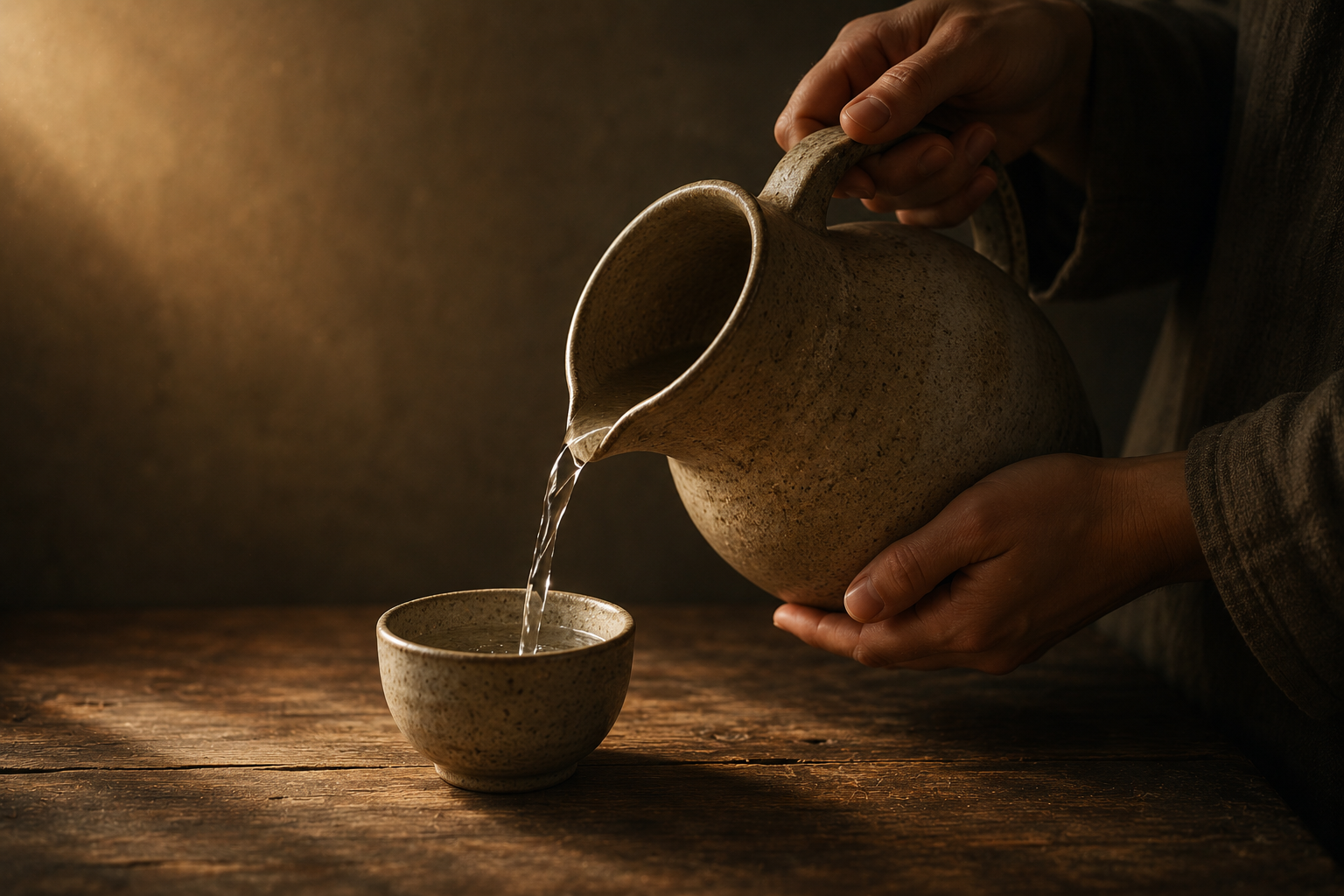 Una persona vertiendo agua de un recipiente grande a una taza pequeña
