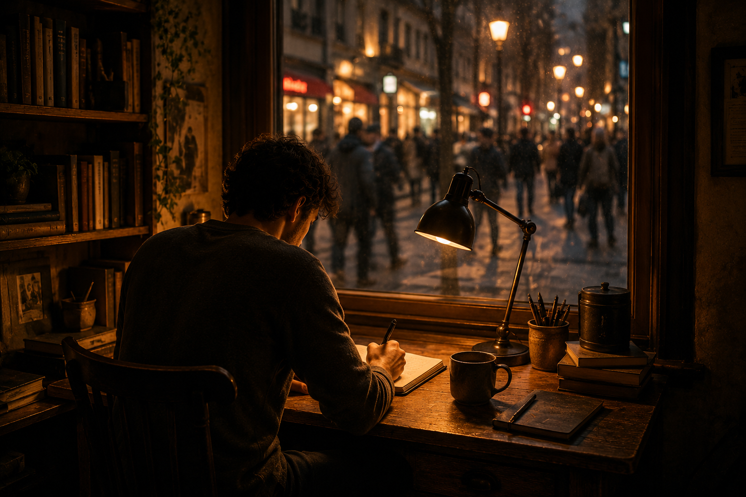 Una persona sola en un escritorio con lámpara cálida