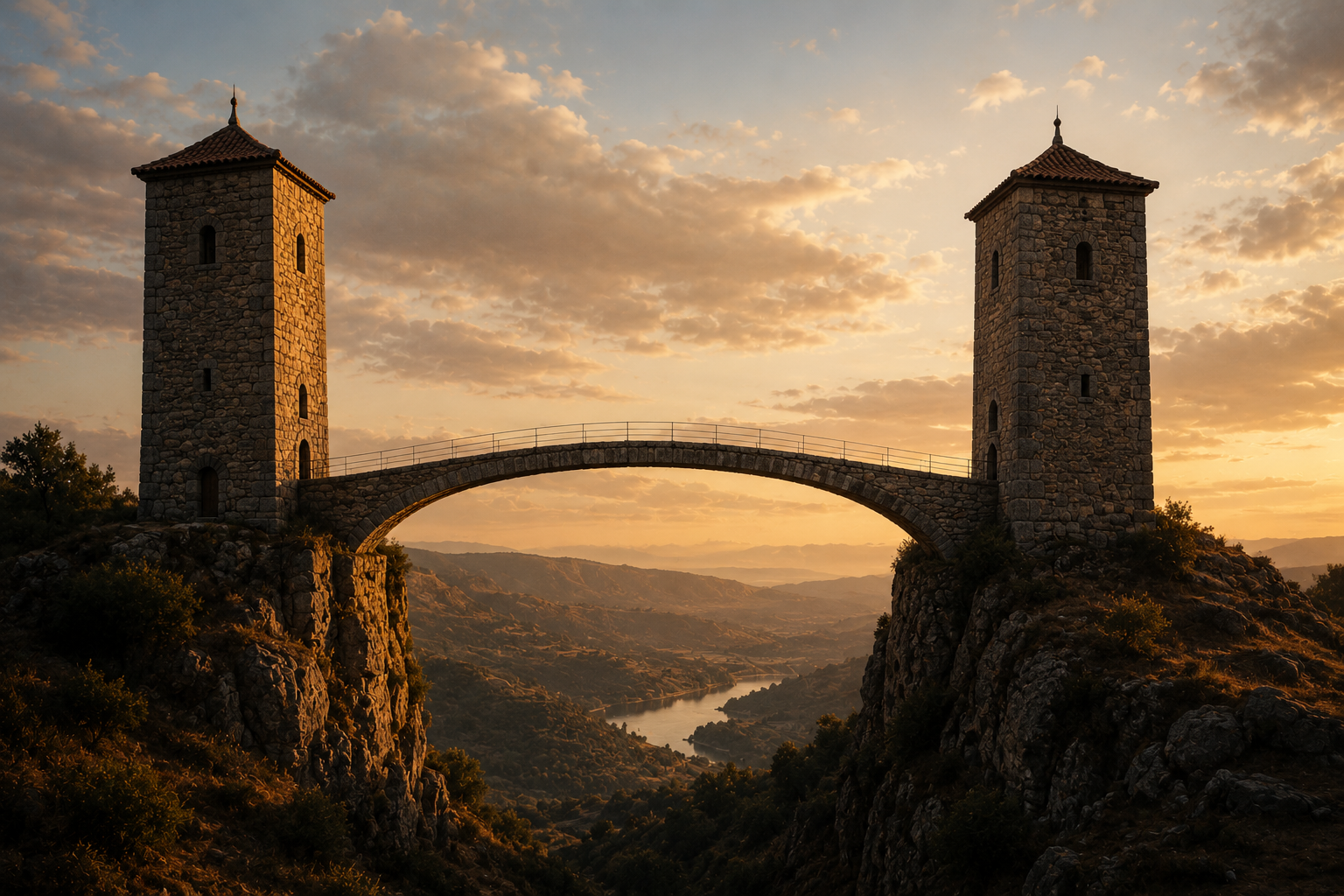Dos torres de piedra conectadas por un puente