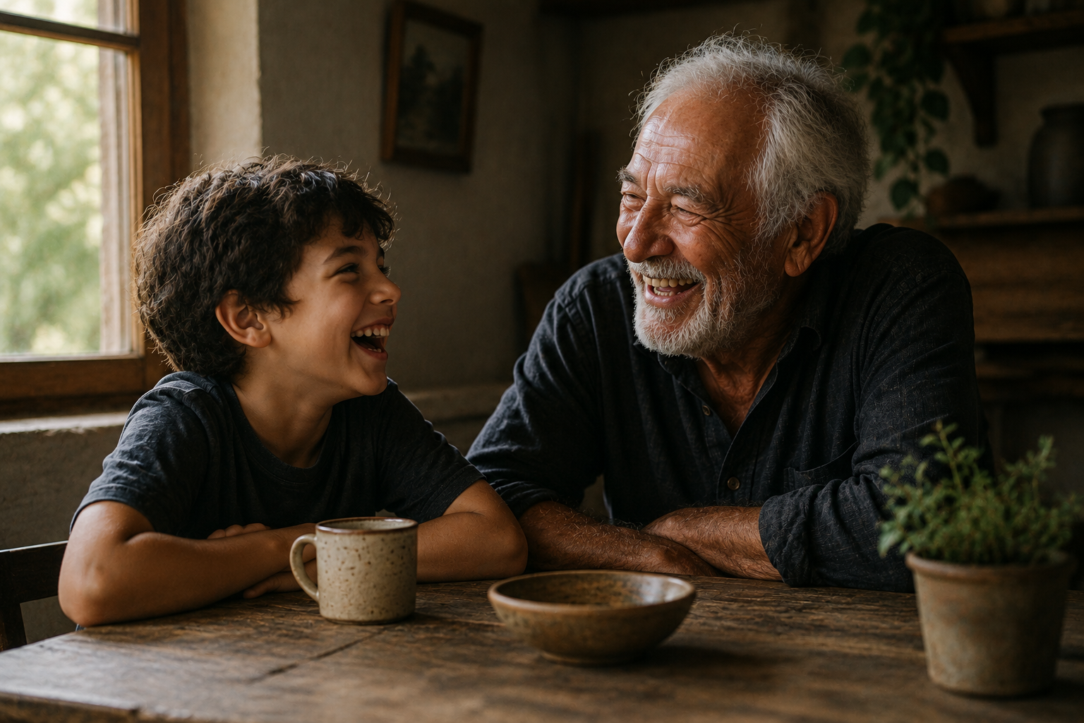 Un niño y un anciano riendo juntos