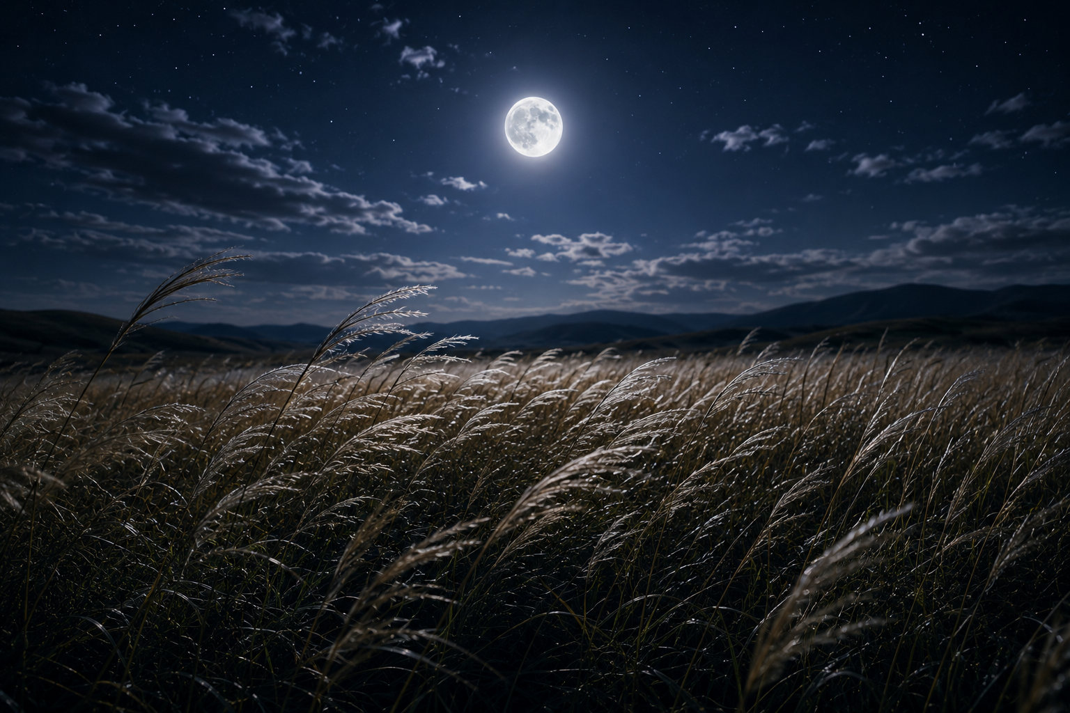 Campo de hierba bajo luna llena