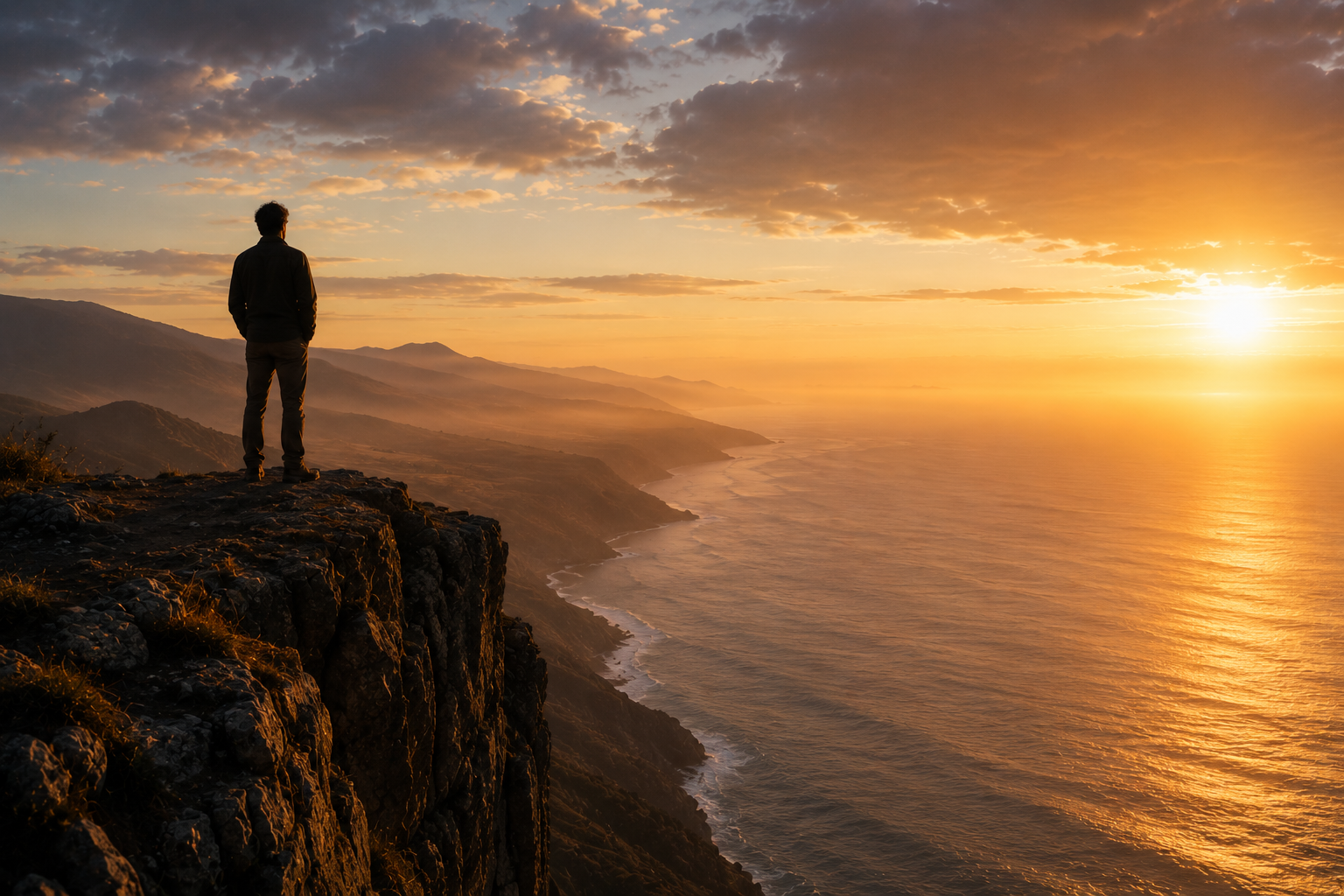 Una persona al borde de un acantilado mirando el horizonte