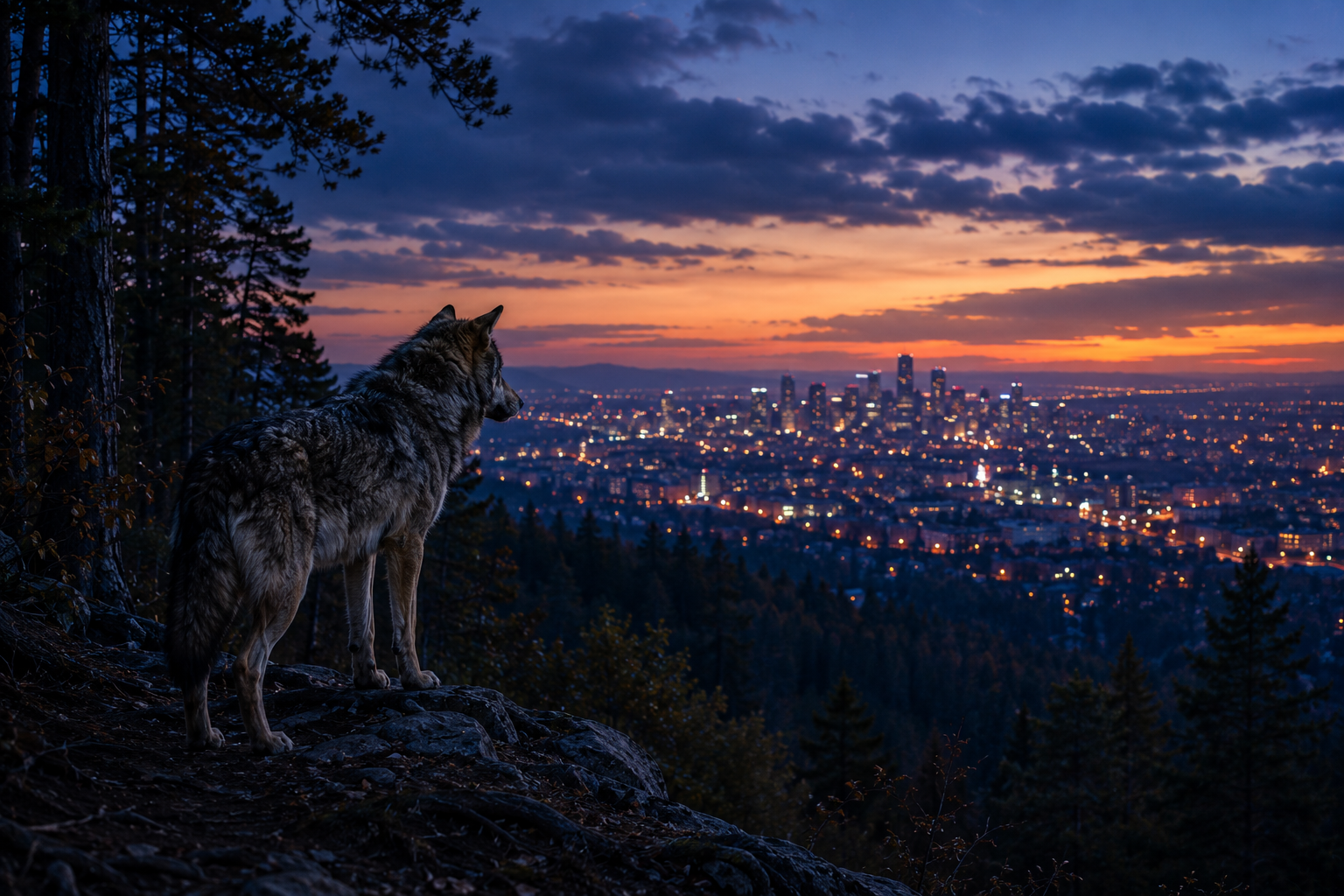 Un lobo al borde del bosque mirando las luces de la ciudad