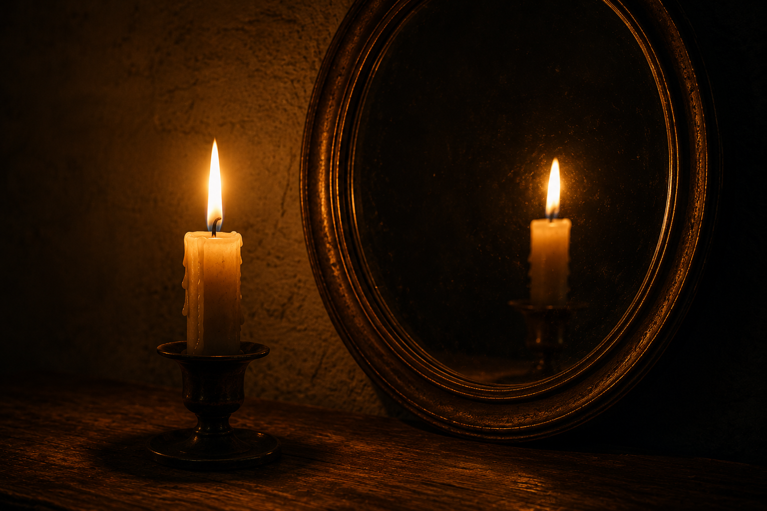 Una vela encendida reflejada en un espejo
