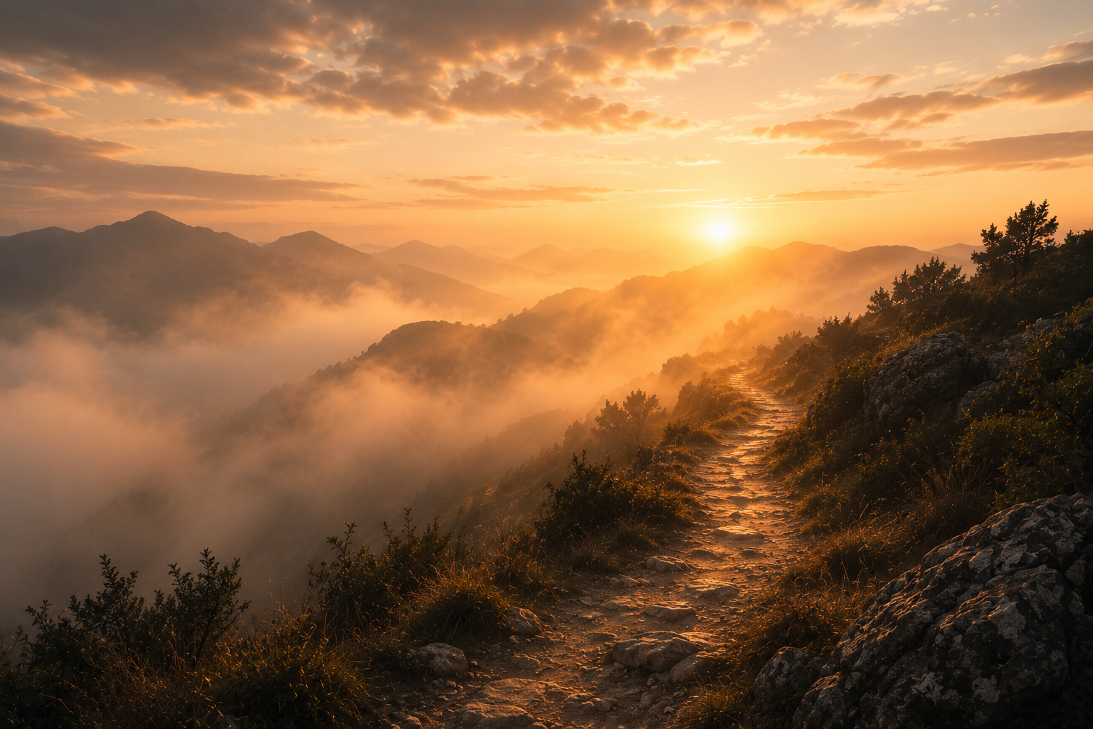 Camino de montaña al amanecer envuelto en neblina tenue