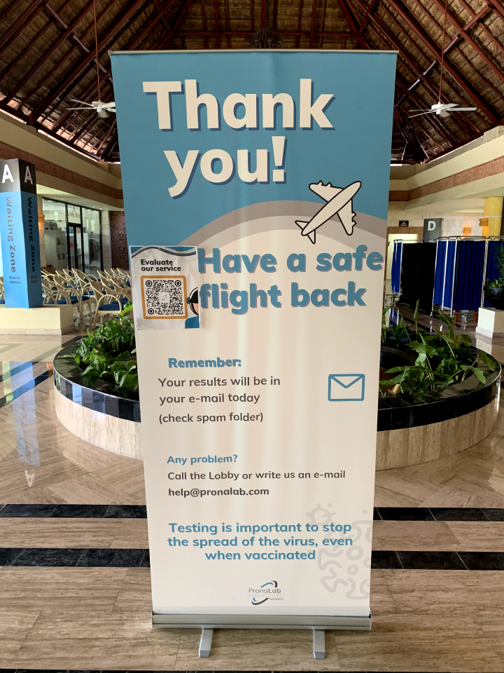 An image with a vertical image with a banner of the process to get a test done in a  Hotel in Dominican Republic.