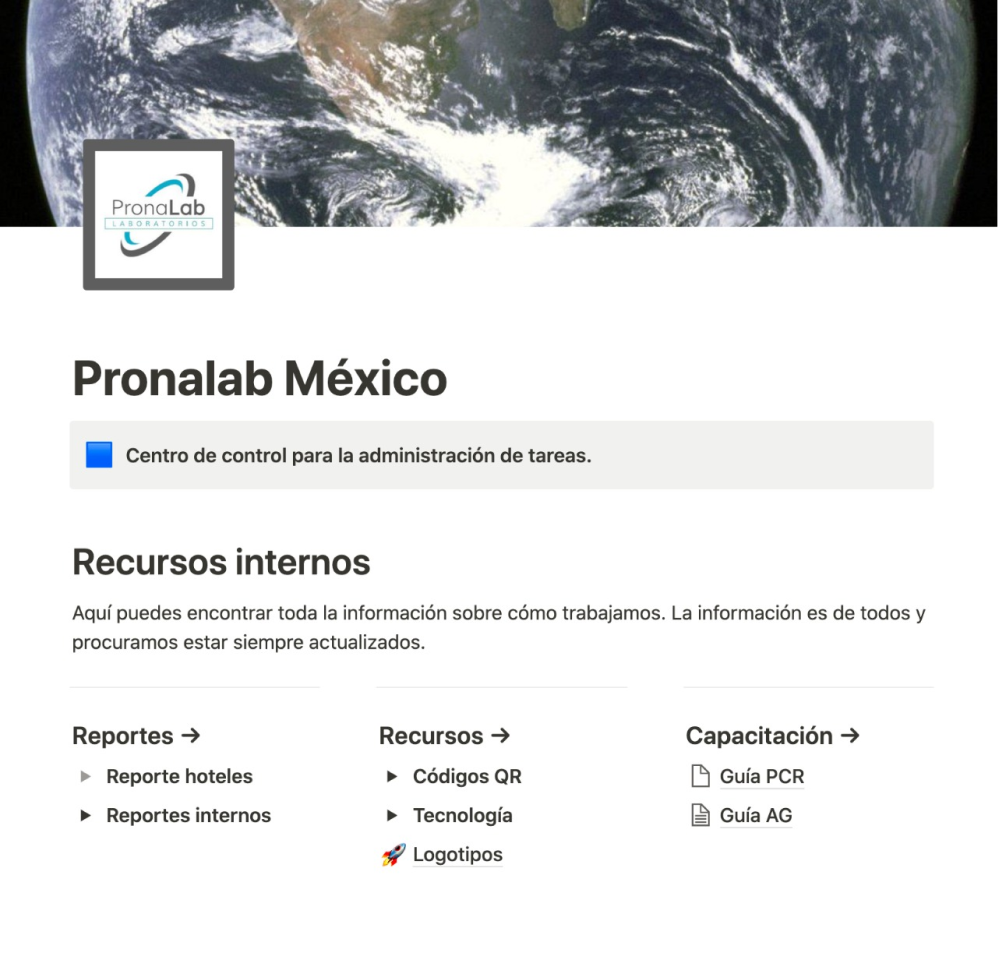A snapshot of PronaLab México’s digital resource hub: a centralized platform for task management, offering access to internal working guidelines, various reports, essential resources such as QR codes and logos, and specialized training materials.