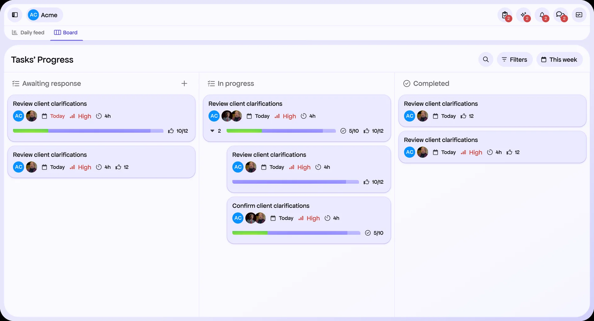 The board view: tasks moving through awaiting response, in progress, and completed