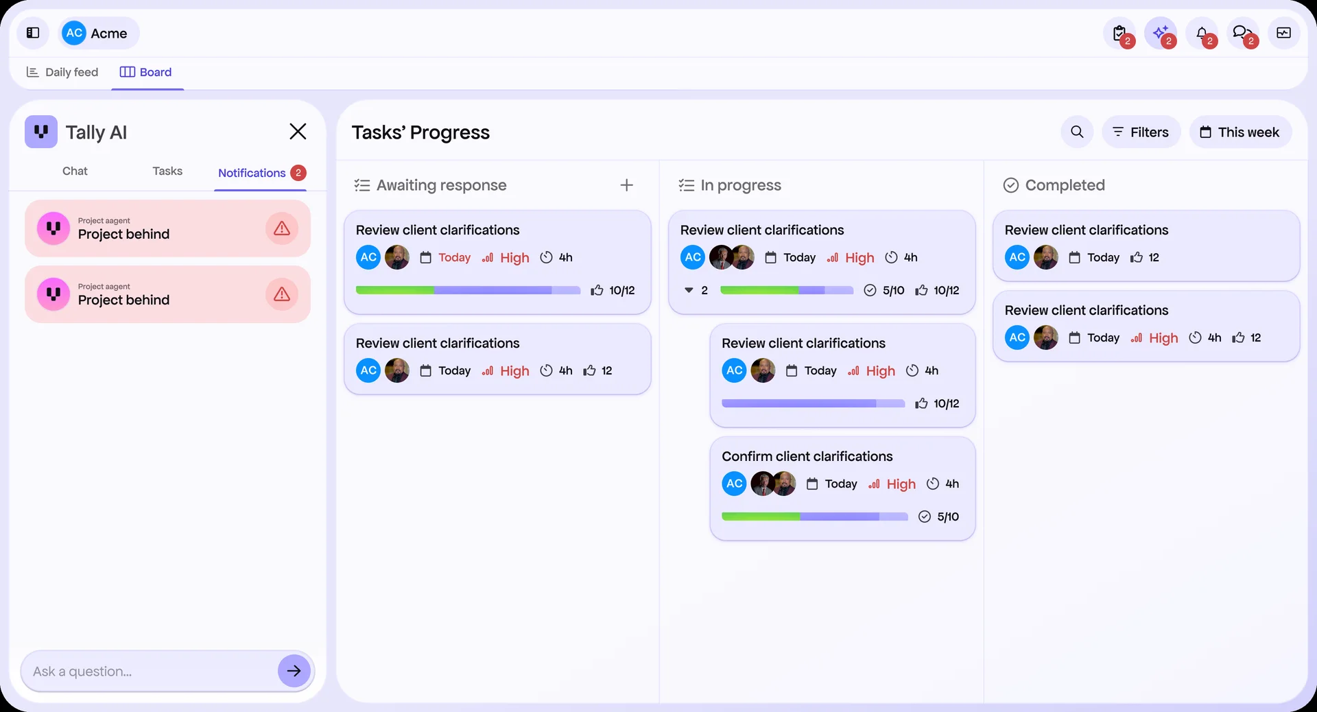 Tally, the module's AI assistant, surfacing project-behind alerts next to the board